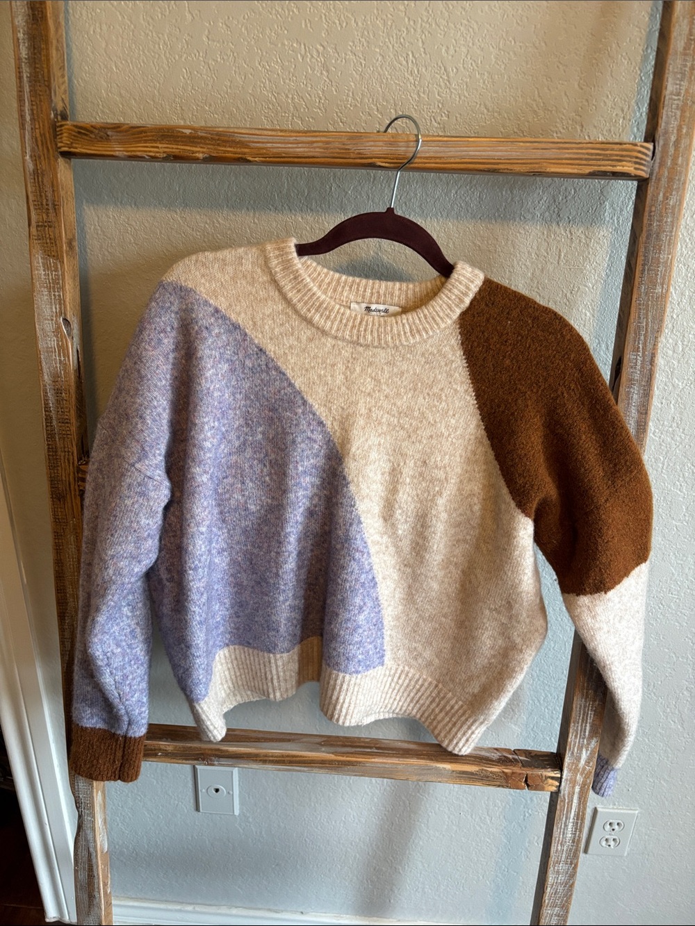 Madewell Colorblock Crewneck Sweater in Cream, Lavender & Brown